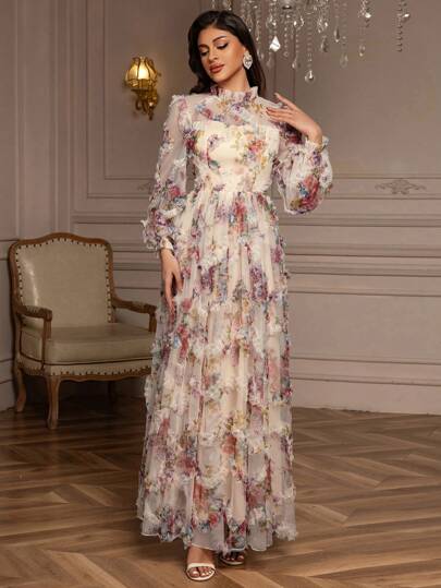 Everly L Lapel Lantern Sleeve Ruffled Heavy Mesh Printed Waist Cinching Puffy Swing Long Gown Dresses Elegant Long Sleeve Prom Semi Formal Wedding Guest Dress, For Birthday, Graduation, Homecoming