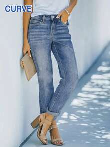 Plus Size Women Slim-Fit Versatile Straight Leg Denim Jeans, Old Money Style, Back-To-School, Teacher, Fall, Capri Pants, Office, Vintage, Mom Jeans, Summer, Bottoms, Denim, Business Casual