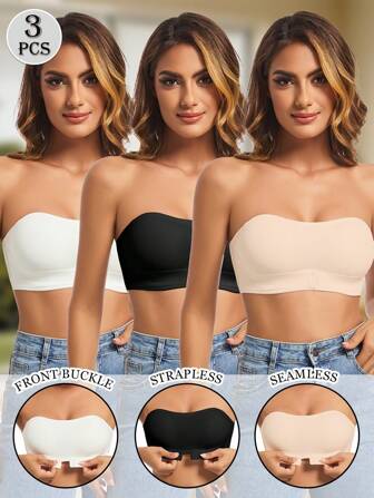 3 PCS Strapless Chest Wrap With Front Buckle, Silicone Non-Slip Strips, Removable Pads, Elegant Style, Suitable For Strapless Dresses (For Small Bust)