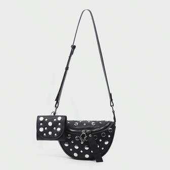 Punk Style Versatile Commuting Heavy Rivet Decorated Combination Chest Bag & Waist Bag 2-In-1 Crossbody Bag