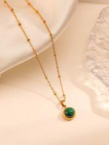 1pc Stainless Steel Natural Stone Pendant Necklace For Women, Fashion Minimalist Elegant Choker - Light Blue - View 6