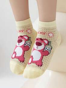 Disney 5 Pairs Girls/Kids/Baby Kuromi, Rabbit, Mesh, Pink/Green/Blue/White/Purple Multi-Color Heart, Bow, Flower, Letter Print Casual Sports Style Socks, Suitable For Spring/Summer, Thin, For School And Casual Wear