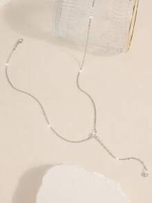 1 件女士时尚百搭 Y 形水钻镶嵌金属长项链，适合日常佩戴和派对，优雅简约珠宝 - 單排鑽吊墜項鍊-銀 - 查看 4