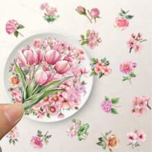 50Pcs Floral Stickers Transparent Stickers Aesthetic Stickers Pink Stickers Plant Stickers Vinyl Waterproof Stickers Aesthetic Laptop Sticker Pack Skateboard Stickers Water Bottle Stickers Notebook Stickers