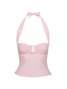 Women's Neck Hanging Slim Fit Top Sleeveless Backless Sexy Tight Top Fashionable Street Party Outfit - 粉色 - 查看 4