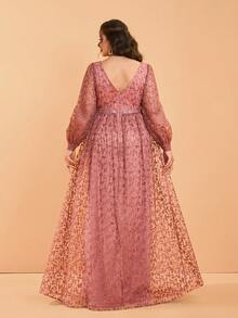 (无特定花型) V领透视长款灯笼袖喇叭下摆高端晚礼服 - 紅木色 - 查看 2