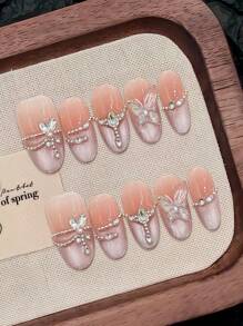 10 Peças Unhas Postiças Olhos de Gato Rosa com Strass, Naturais e Inquebrável, Simples de Usar para Decoração de Unhas DIY, Unhas Adesivas, Suprimentos de Unhas