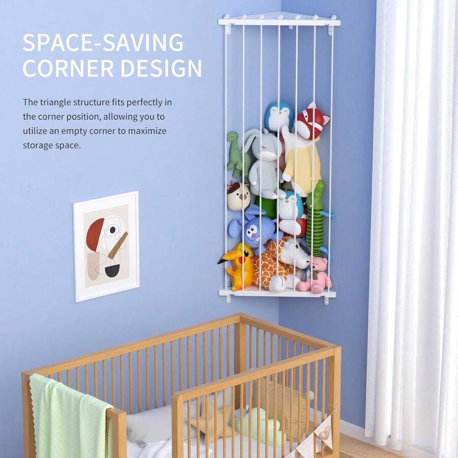 Corner Stuffed Animal Storage Toy Organizer: Room Stuffed Animal Holder Length Adjustable Plushie Toys Shelf - Large Corner Plush Toys Storage For Nursery Playroom Bedroom-White - White - View 1