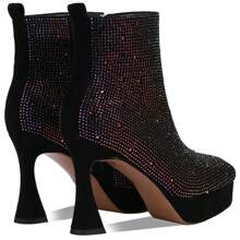 TDD Platform Boots For Women Rhinestone Crystal Square Toe Winter Ankle Extra Wide Calf Booties Faux Suede Botas Para Mujer Dress Ladies Comfortable Elegantes 4 Inch High Heels