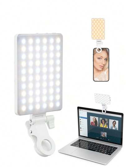 Borriig 60颗LED高功率可充电夹式补光灯，前后夹式设计，3种照明模式可调，适用于智能手机、安卓手机、iPad、笔记本电脑，可用于化妆、自拍、Vlog，适合自拍和直播，便携式自拍灯