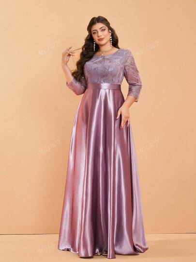 Plus Size Sequin Splice Satin Wide Flare Long Dress With Round Neck Long Sleeves, Formal, Party Dress, Gown, For Evening, Wedding Guest