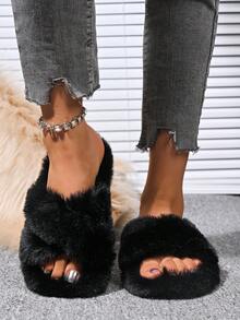 Pantuflas blancas y esponjosas para mujer, de moda y adorables, antideslizantes y a prueba de ruido para interior, para todas las temporadas - Negro - Ver 2