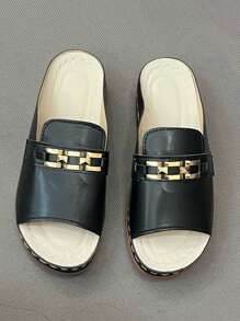 Summer Fashion Preppy Casual Elegant Metal Chain Detail Slide Sandals, Convenient And Cool For Going Out