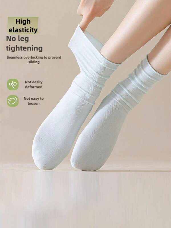 5 Pares de Meias Femininas Respiráveis de Malha Fina em Cor Sólida até o Meio da Panturrilha, Meias Elásticas e Resistentes a Odores para Primavera/Verão