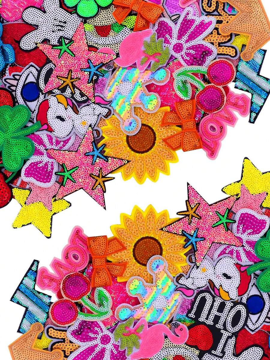 20/30 miếng vá thêu họa tiết hoạt hình ngẫu nhiên hình nơ, quả anh đào, ngôi sao năm cánh, miếng vá ủi và may theo phong cách hoạt hình dễ thương cho quần áo, túi xách và mũ