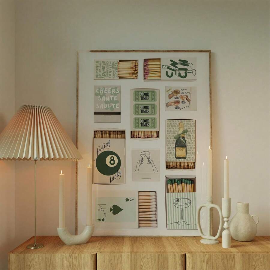 1pc Unframed, Green Matchbox Wall Art Bar Cart DecorPrintable Digital Download Y2K Girly Print Aesthetic Matches Collage Olive Beige - Multicolor - View 1