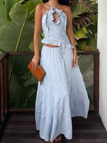 Women's Summer Casual 2 Piece Skirt Outfits Halter Neck Ruffle Trim Tops Long Flowy Skirt Set - 藍色 - 查看 4