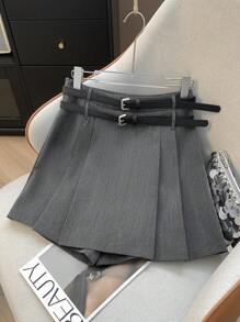 Jupe Mini Mignonne à Double Taille avec Bloc de Couleur Gris Taille Basse pour Femmes Retournant à l'École en Automne