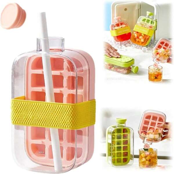 Ice Cube Bottle, 2 In 1 Touch-Free Ice Cube Tray Water Bottle With Lid And Bin, Ice Cube Making Bottle, Easy Press To Release Vertical Ice Cube Tray With Lid For Freezer