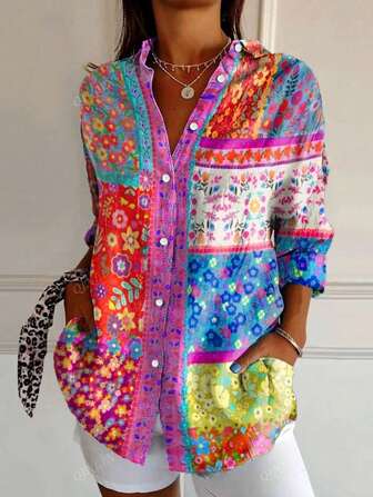 Women's Casual/Office Shirt, Bohemian Geometric Print Long Sleeve Blouse