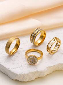 4/5 Pieces Fashionable And Exquisite Stainless Steel Ring 18k Gold Plated With Diamonds Round Square Ring Suitable For Women'S Daily Wear Dating Play Wedding Engagement Holiday Gift Jewellery