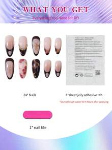 24pcs Almond-Shaped French Acrylic False Nails With Golden Beads. These Medium-Length, Durable And Reusable False Nails Are Designed To Perfectly Fit The Nail Shape. The Set Includes 1 Bottle Of Jelly Gel And 1 Nail File, Suitable For Daily Wear By Women And Girls. Nail Supplies - Multicolor - View 4