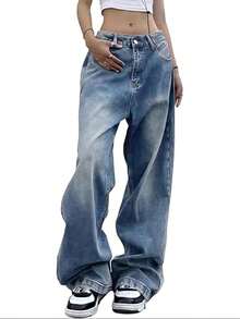 Women Wide Leg Jeans Mid-Low Waist Baggy Jeans Loose Boyfriends Jeans Vintage Y2K 90s Denim Pants - 藍色 - 查看 3