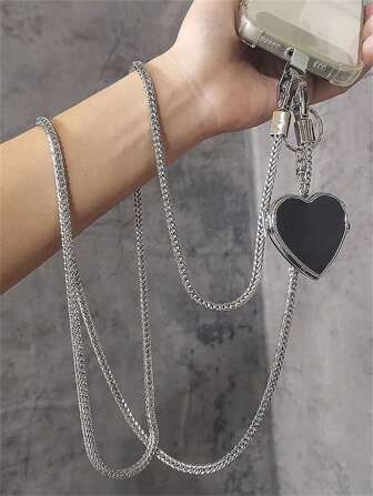 1 件金属万能钥匙手机挂链，时尚女士斜跨手腕手机壳链，带心形吊饰镜面吊坠，附赠透明垫子礼物，适合送给母亲、家人、朋友、生日、节日的手机吊饰、手机链