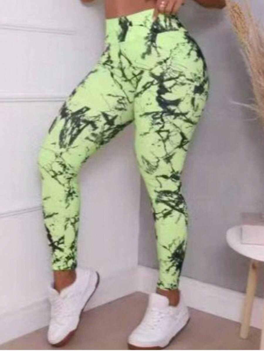 Women's Marbled Gym Leggings - Lime Green - View 1