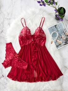 Plus Size Sexy Lace & Mesh Panel Front Slit Ruffle Hem Front Button Up Camisole Dress Set
