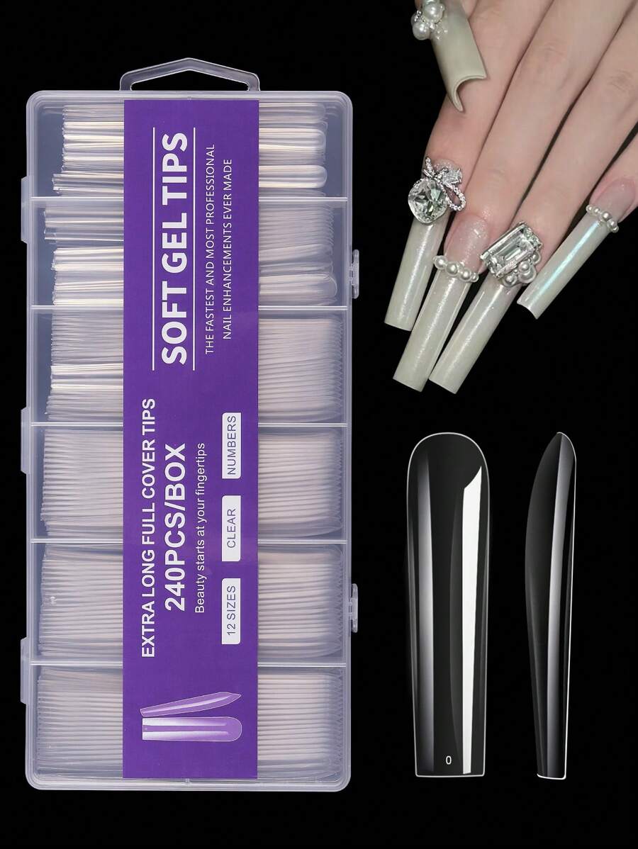 240 Stücke XXL Kunstnägel super lange eckige Nägel zum Aufkleben, Acryl-Französisch-Vollabdeckung Gelee-Spitzen Nagelkunst Falsche Spitzen Maniküre-Zubehör für Frauen und Mädchen DIY Verlängerungs-Tools