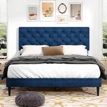 HOMBCK Estructura de cama tapizada con cabecero, estructura de cama de tela de lino con cabecero capitoné, sin somier, fácil montaje, tamaño individual/matrimonial/queen/king, beige/rosa/gris oscuro/gris/azul