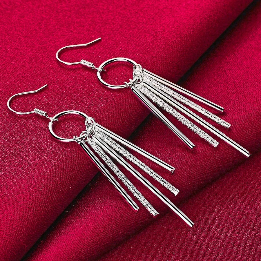 925纯银镀层圆形五柱哑光光滑水滴耳环，时尚女士魅力婚礼首饰 - 銀色 - 查看 1