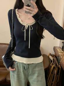 Sweet Bowknot Long Sleeve Ruffle Trim Blouse For Women, Spring/Summer
