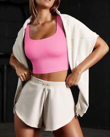 OQQ Women's 3 Piece Tank Tops Ribbed Seamless Workout Exercise Shirts 2025 Summer Basic Camis - Fluorescent-pink Beige White - View 2