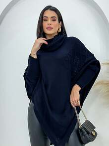 Swisz Women's Winter Poncho Knit Long Sleeve V-Neck Sweater With Scarf - Navy Blue - View 1