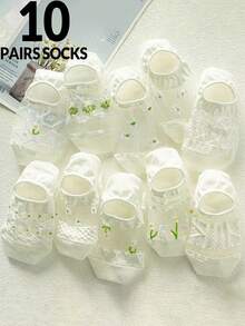 10 Pairs Women's Casual Floral Patterned Boat Socks, Solid Colors, Versatile & Practical - Multicolor - View 6