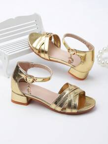 Sandali da ragazza Zantong con fibbia gioiello dorata, intrecciati, sandali estivi con tacco alto per bambini, semplici e scintillanti, con punta aperta, scarpe da festa da principessa eleganti per bambini piccoli e grandi