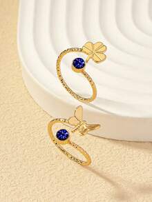 2pcs/Set Of European And American Beach Vacation Butterfly Leaf Inlaid Gemstone Foot Rings - Blue - View 3