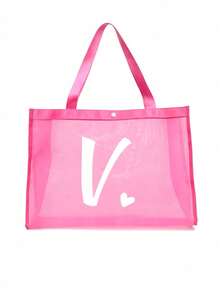 Túi lưới đi biển in chữ cái A-Z và hình trái tim, túi xách đi biển gấp gọn, dung tích lớn, nhẹ, chất liệu lưới, trong suốt, thích hợp để đựng đồ đi biển và mua sắm, túi vuông, túi xách tay, túi đeo vai, túi lưới. - Hồng - Xem 23