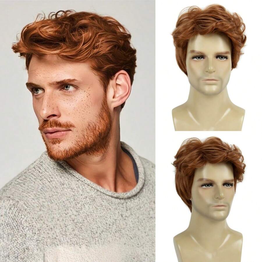 Herren Perücken, kurze rote orange Perücke, synthetisch, hitzebeständig, natürliche geschichtete Haare für Teenager, für Halloween Kostüm Cosplay tägliche Party REEWES Perücke 12 Zoll/30 cm