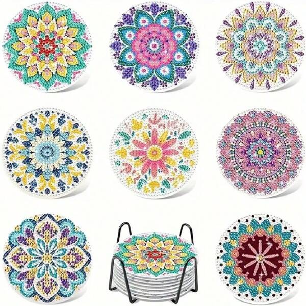 8pcs/Set DIY Diamond Painting Cup Coasters, Mandala Pattern Coasters, Drink Holder With Coaster, Handmade Gift, Mosaic Design