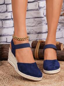 女士舒适防滑春夏季度假风格一脚蹬杏仁色编织绳黑色坡跟厚底乐福鞋