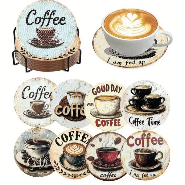 8pcs/Set DIY Diamond Painting Coasters, Coffee Cup Pattern Coasters With Holders, Heat-Resistant And Anti-Slip Drink Coasters, Handmade Gifts, Mosaic Crafting