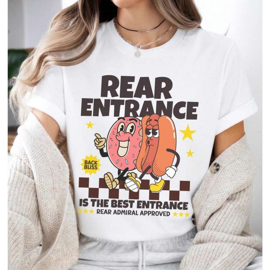 Funny Shirts Rear Entrance Naughty Meme Shirt Exchange Gift Offensive Joke Shirt Inappropriate Tee Unhinged Raunchy Shirt White Elephant Shirt Swap Cute Summer Tops For Women,Seasonal Casual Short Sleeved Graphic T-Shirt - 白色 - 查看 1