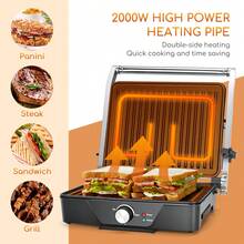 Aigostar 2000W Sandwich Toaster Adjustable Temperature Control, Deep Fill Panini Press With Non-Stick Coating, 180° Flat Open Large Grill, Drip Tray, Stainless Steel - Samson - View 2