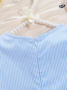 Teenage Girls' Casual Striped Jumpsuit With Ruffle Sleeves, Waist Belt Design, Back Hidden Zipper For Easy On-Off, Suitable For Outdoor, Vacation, Casual Wear - Blue - View 7