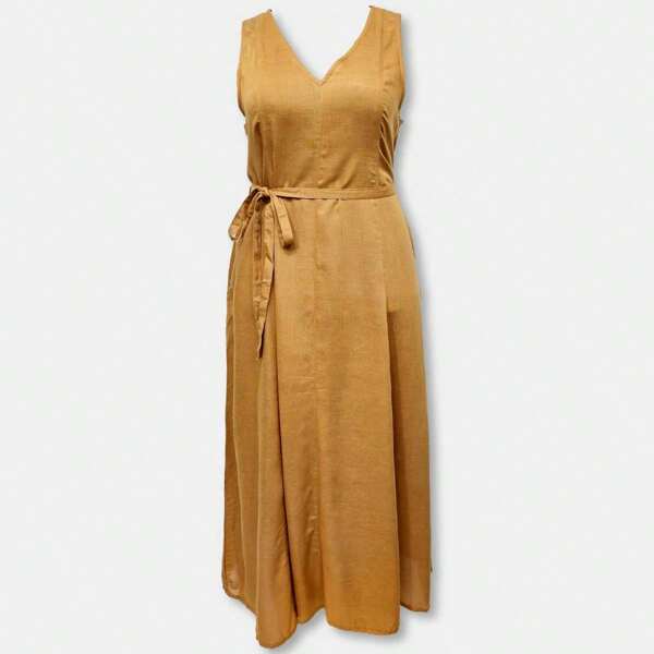 Vestido Longo Regata Liso Decote em V com Gola e Bolsos