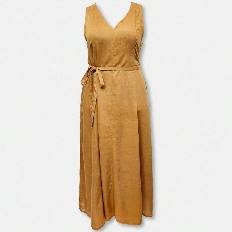 Vestido Longo Regata Liso Decote em V com Gola e Bolsos