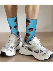 1 Pair Customized Face Print Mid-Calf Socks For Men, Mother's Day/Holiday Gift